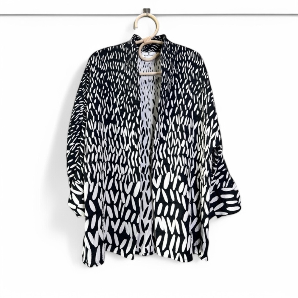 Open Front Kimono Coat Layer Black White Jacket Size Large Luxury EMMELLE NYC - Picture 2 of 15